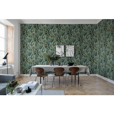Yellow Bird turkoosi suurikuvioinen lintutapetti ruokailuhuoneeseen Rebel Wallsilta R15731 image
