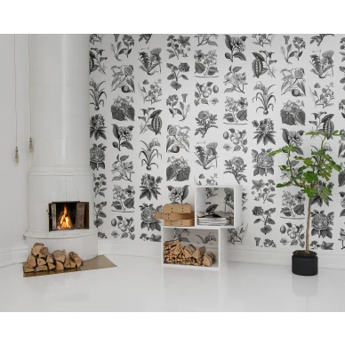 Fruit and Flora mustavalkoinen kukkatapetti olohuoneeseen Rebel Wallsilta R13171 image