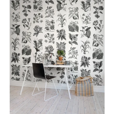 Fruit and Flora mustavalkoinen kukkatapetti tyohuoneeseen Rebel Wallsilta R13171 image