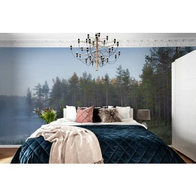 Forest Lake sumuinen metsajarvi valokuvatapetti makuuhuoneeseen Rebel Wallsilta R16421 image