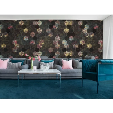 Vinum Hexagon geometrinen kukkakuvioinen muraltapetti olohuoneeseen Rebel Wallsilta R16241 image