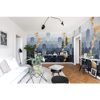 Gradient Geometry sininen geometrinen muraltapetti olohuoneeseen Rebel Wallsilta R16291 image