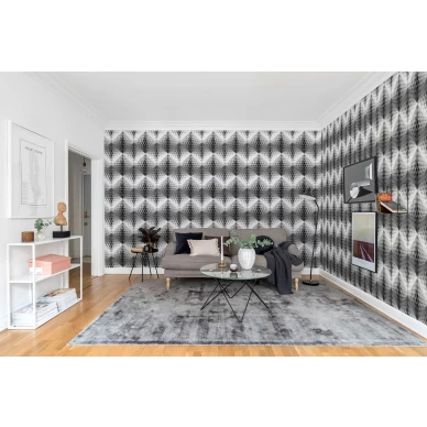 Pom Pom mustavalkoinen graafinen 3D muraltapetti olohuoneeseen Rebel Wallsilta R13392 image