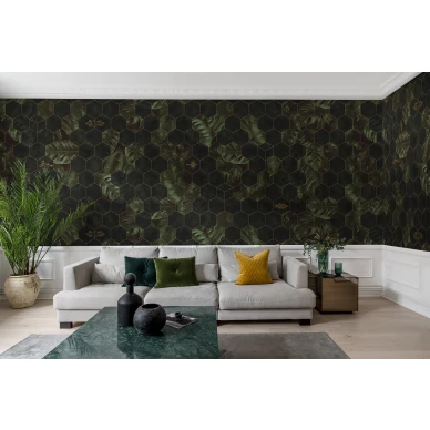 Hexagon Leaves vihrea geometrinen lehtitapetti olohuoneen muraltapetti Rebel Wallsilta R17181 image