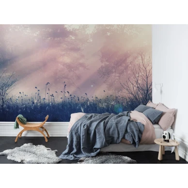 Pink Dawn romanttinen roosa maisematapetti makuuhuoneeseen Rebel Wallsilta R15361 image