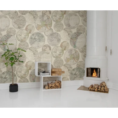 Globes Gathering beige maapallotapetti olohuoneen muraltapetti Rebel Wallsilta R13881 image