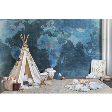 World Map sininen maailmankartta muraltapetti lastenhuoneeseen Rebel Wallsilta R10773 image