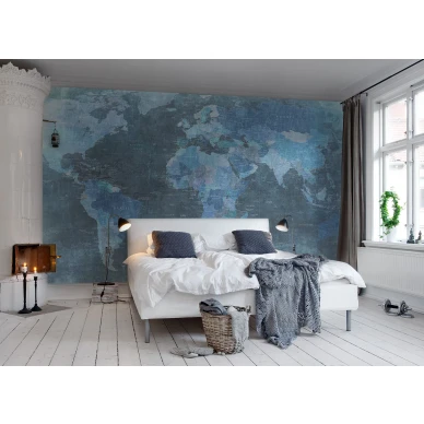 World Map sininen maailmankartta muraltapetti makuuhuoneeseen Rebel Wallsilta R10773 image