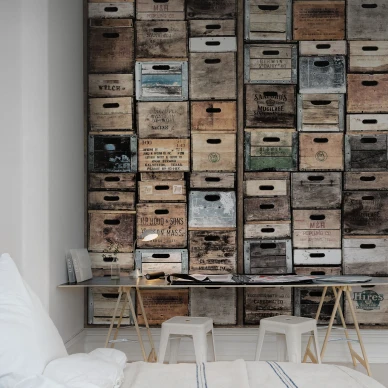 Industriel Urban Farm LA harmaaruskea puulaatikko valokuvatapetti tyohuoneen muraltapetti Rebel Wallsilta R12902 image