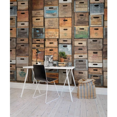 Industriel Urban Farm LA ruskea puulaatikko valokuvatapetti tyohuoneeseen Rebel Wallsilta R12901 image