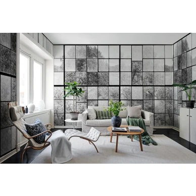 Graafinen kuvatapetti tehosteseina olohuoneessa Rebel Wallsin Factory Window R14382 image