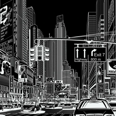 Cartoon City mustavalkoinen piirretty kaupunkitapetti Rebel Wallsilta R10622 image