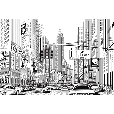 Cartoon City mustavalkoinen piirretty kaupunkitapetti Rebel Wallsilta koko kuvio R10621 image