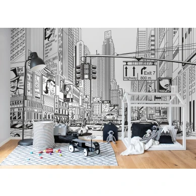 Cartoon City mustavalkoinen piirretty kaupunkitapetti lastenhuoneeseen Rebel Wallsilta R10621 image