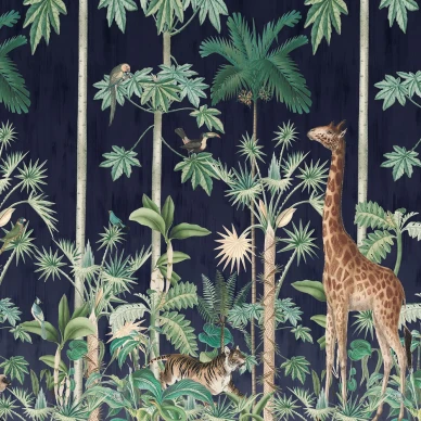 Giraffes Stroll sininen viidakkotapetti Rebel Wallsilta R16792 image