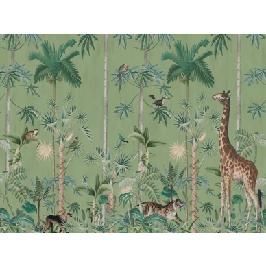 Giraffes stroll vihrea viidakkotapetti Rebel Wallsilta R16793 koko kuvio image