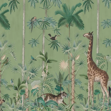 Giraffes stroll vihrea viidakkotapetti Rebel Wallsilta R16793 image