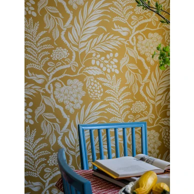 Cornucopia keltainen tiheakuvioinen lehtitapetti Langelid von Bromssenilta 21 77 image