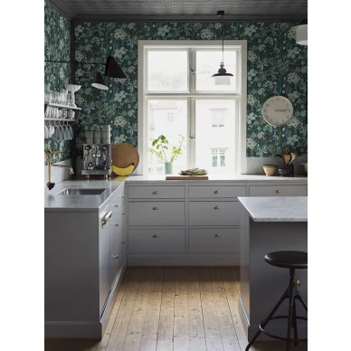 Keittion tapetti Friviva sininen vihrea kukkatapetti Borastapeterilta 2081 image