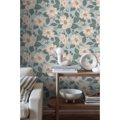 Olohuoneen tapetti Alfred roosa turkoosinsininen kukkakuvio Borastapeterilta 7413 image