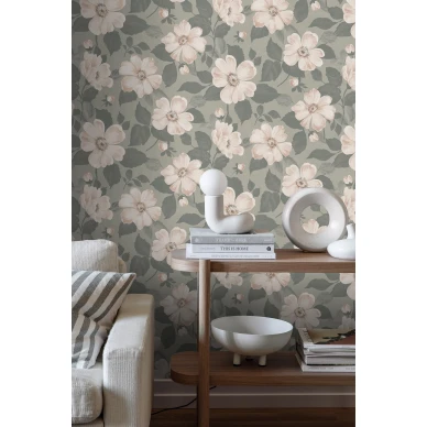 Olohuoneen tapetti Alfred vihrea roosa kukkakuvio Borastapeterilta 7412 image