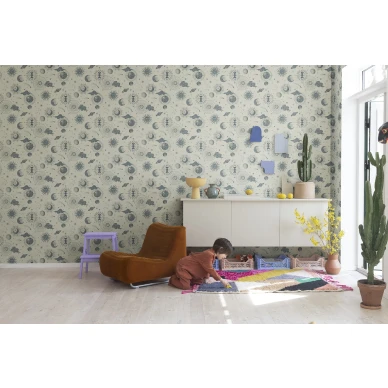 Lastenhuoneen beige sininen avaruustapetti Planetarium Rebel Wallsilta R18022 image