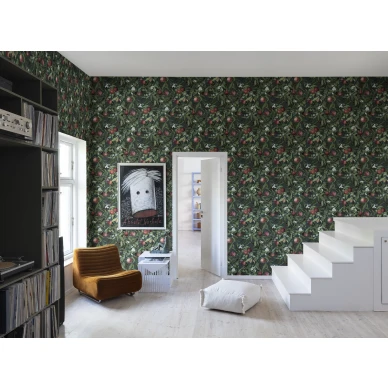 Makuuhuoneen tapetti Rebel Wallsilta tumma hedelmakuvio Peach Valley R17993 image
