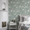 Makuuhuoneen tapetti Karin vihrealla kukkakuviolla Durolta 679 02