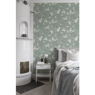 Makuuhuoneen tapetti Karin vihrealla kukkakuviolla Durolta 679 02 image