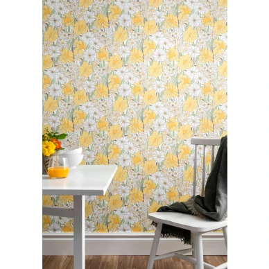 Keltainen tapetti tihealla kukkakuviolla Pasklilja Durolta 388 01 image