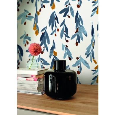 Marimekon olohuoneen tapetti Pieni Hyhma sinisella marjakuviolla image