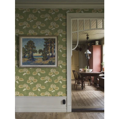 Vihrea tapetti olohuoneeseen Borastapetilta jugendtyylisella kukkakuviolla Haga 4167 image