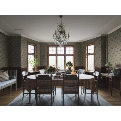 Ruokailuhuoneen tapetti Salangen beigella kukkakuviolla 1920 luvulta Borastapeterin arkistosta 4172 image