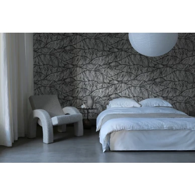 Makuuhuoneen tapetti mustavalkoinen graafinen kuvio Flow 9462w Borastapeterilta image