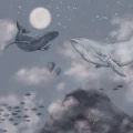 Whales In The Sky sininen valastapetti Borastapeterilta 9457w