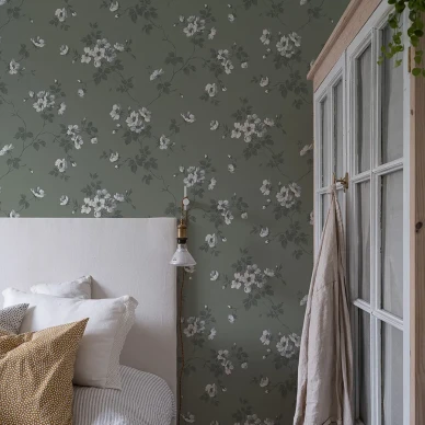 Makuuhuoneen vihrea tapetti Durolta Kristina Hav Land 387 07 image