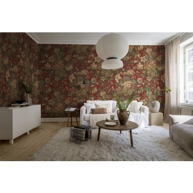 Olohuoneen punainen kukkatapetti Vintage Flora Rebel Wallsilta R19242 image