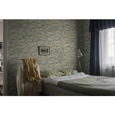 Makuuhuoneen beige kukkatapetti Astrid Wilson Borastapeterilta 9490w image