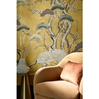 Keltainen lintutapetti olohuoneeseen Kyoto Blossom 1838 Wallcoveringsilta 2311 174 02 image