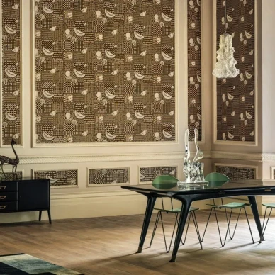 Frutta e Geometrico tapetti geometrisella kultaisella pohjalla jossa on hedelmia image