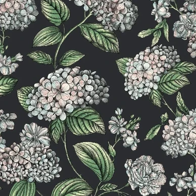 Ramo di Ortensia kukkatapetti mustalla pohjalla ja kauniilla hortensia kukilla image