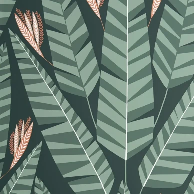 Jungle vihrea retromainen lehtitapetti jossa on suuri viuhkamainen kuvio image