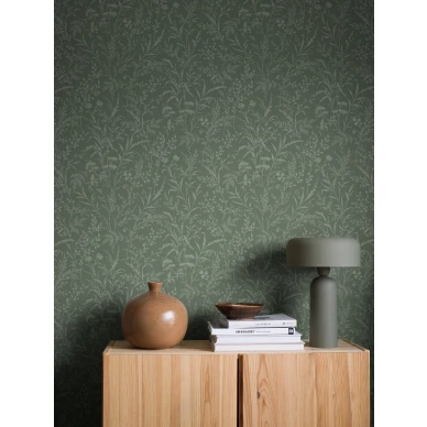 Vihrea Florian tapetti sopii hyvin kodin olohuoneeseen image