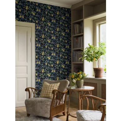 Borastapeter Citrontad musta sitruunatapetti olohuoneessa image