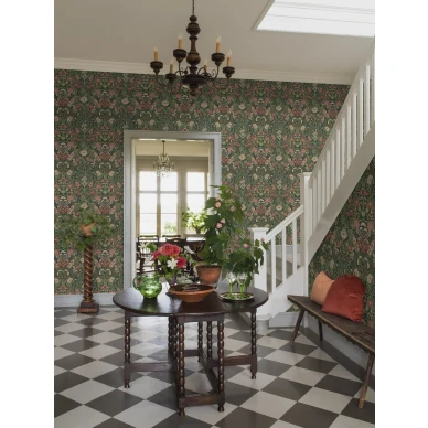 Borastapeter Ortagard 5721 vihrea monivarnen kukkatapetti ruokailutilaan image