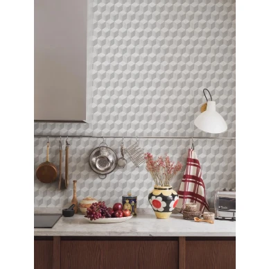 Borastapeter Cube 4746 harmaa geometrinen tapetti keittiossa image