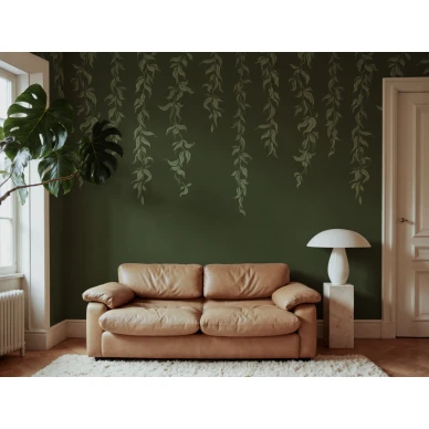 R21659 Hanging Leaves Dark Green Rebel Walls interior1 image