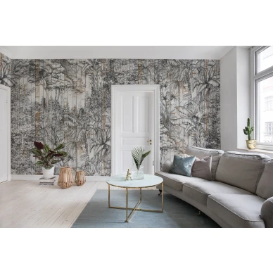 Secret Garden Bali Boards viidakko ja puupanelitapetti olohuoneeseen Rebel Wallsilta R14702 image